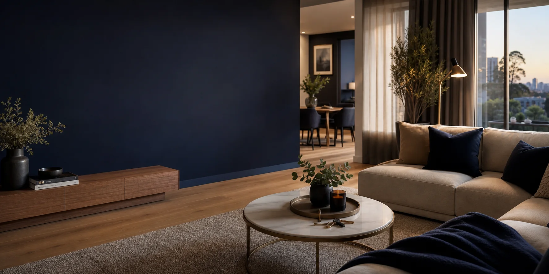 Maison prepared living room with layered lighting and guest-ready styling